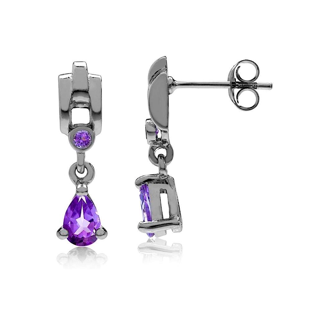 Amethyst & Diamond Accent Drop Earrings White Gold 925K Sterling Silver